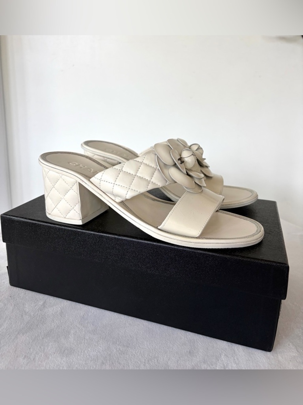 CHANEL Matelasse Leather Block Heel Slides, Camelia w/CCs,box, cream, 36.5C - Picture 2 of 16